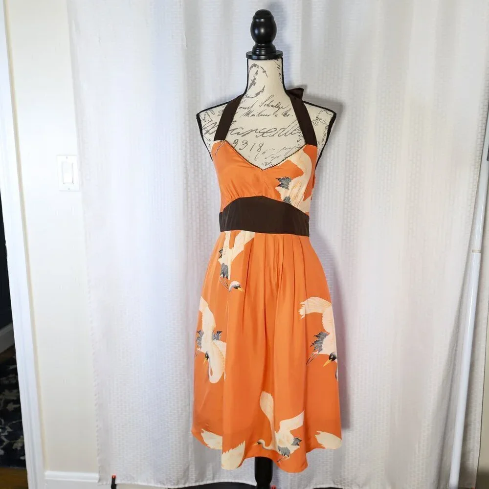 Moulinette Soeurs Orange Halter Dress with Brown Accents - Picture 1 of 11